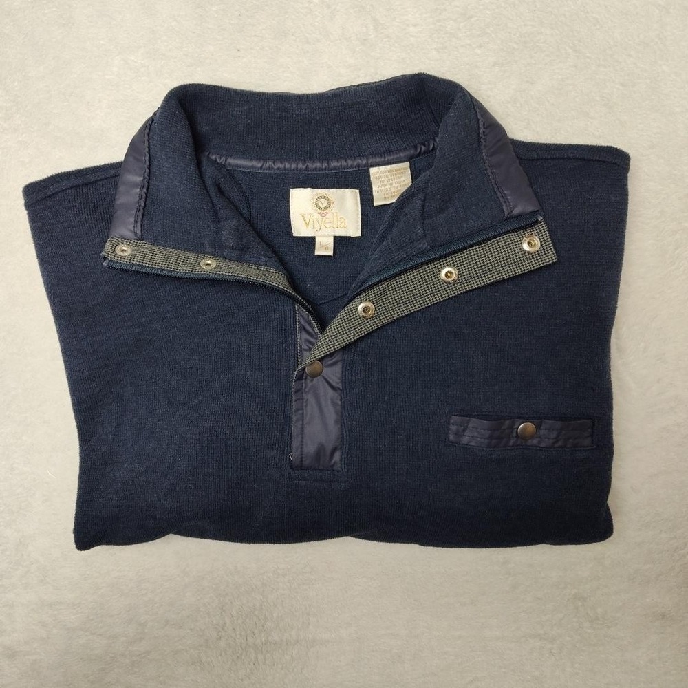 Viyella Pullover Mens L Blue Mock Neck Tight-Knit Pullover Long Sleeve Pockets